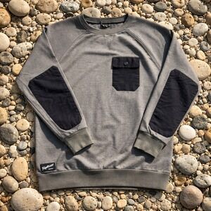 Fayettechill Mountain Co Mens Gray Fleece Sweatshirt Elbow Patches Pocket Size M